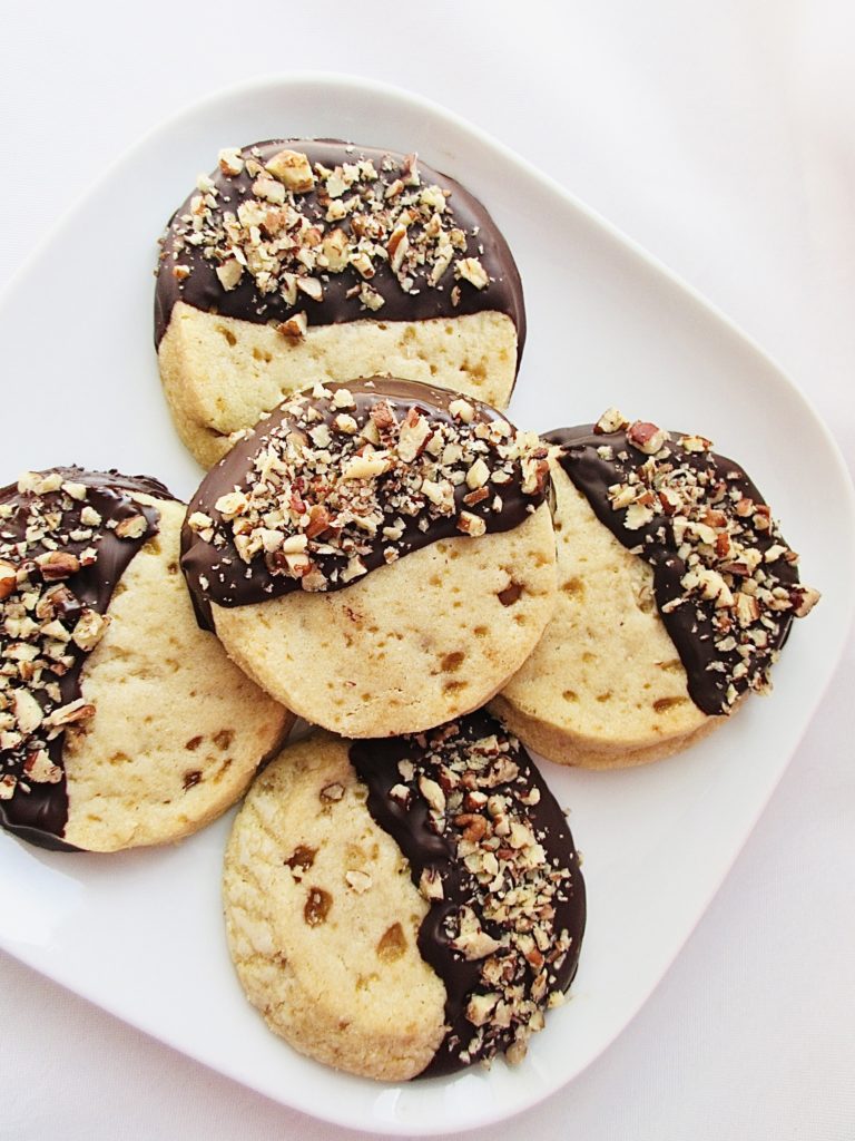 Toffee shortbread dipped in chocolate with pecans.