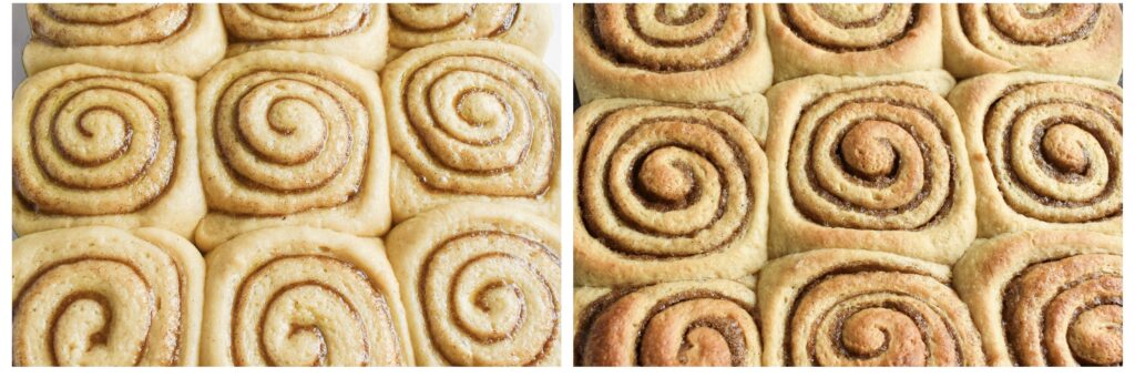 Cinnamon rolls before and after baking