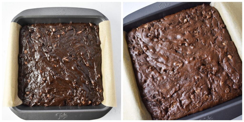 Brownie batter in lined baking tin and
Whole uncut baked brownie in baking tin.