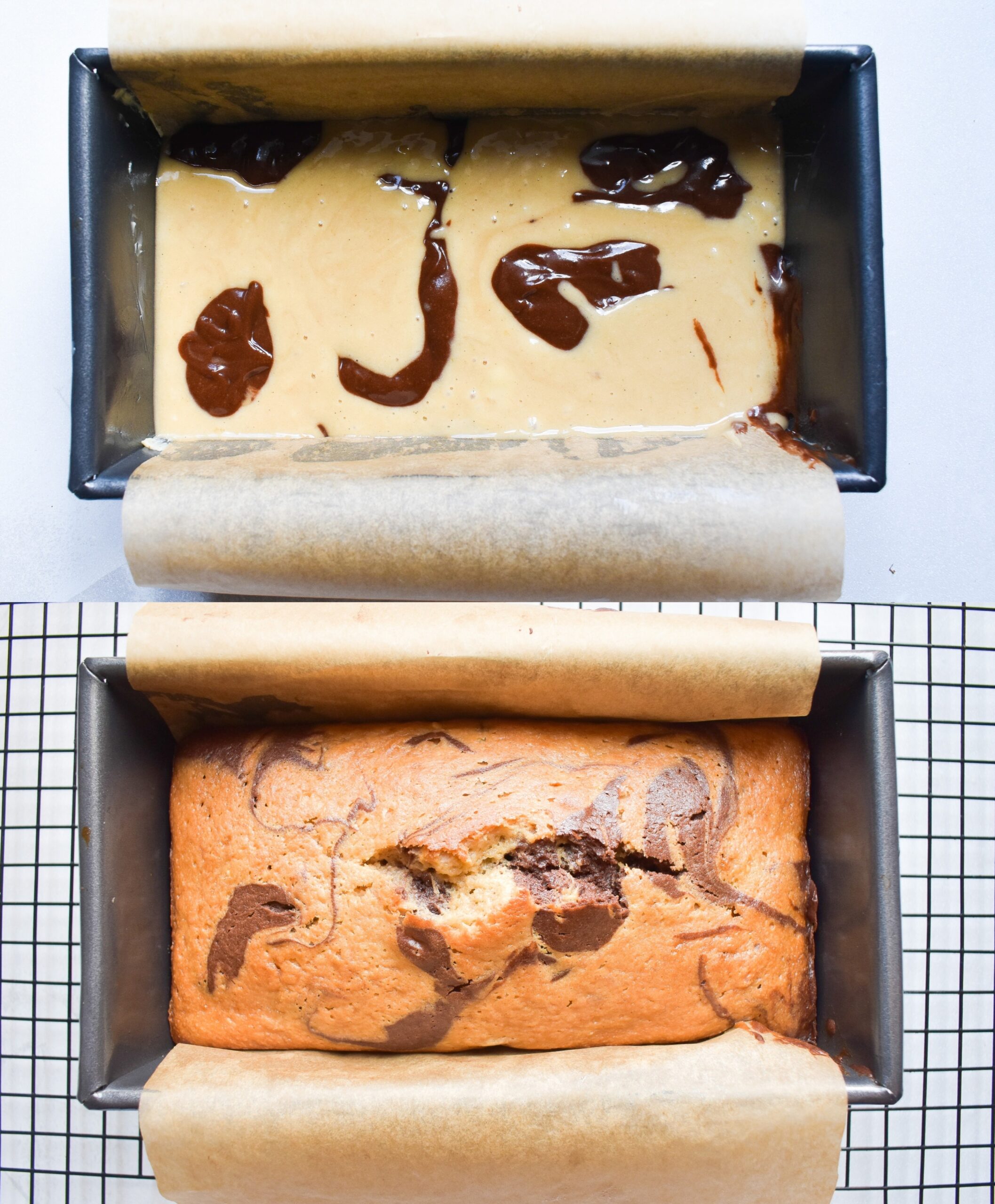 unbaked and baked batter