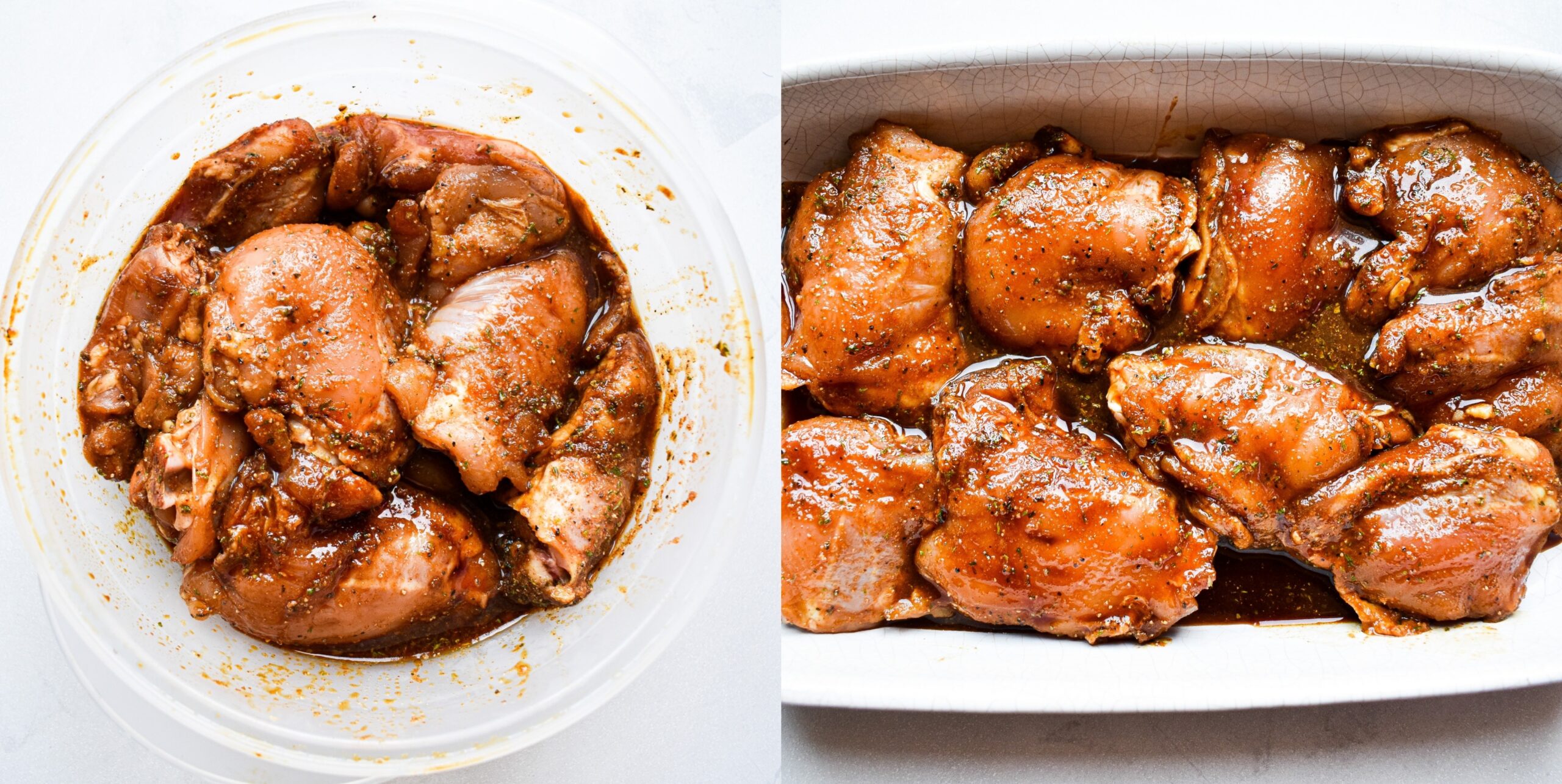 Seasoned chicken in bowl and baking dish.