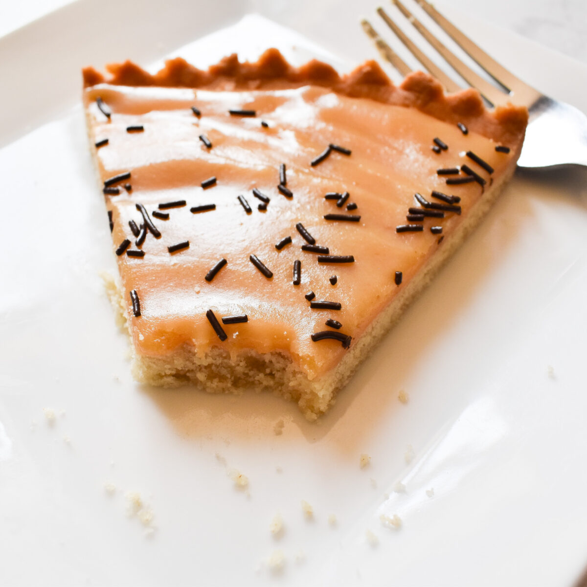Slice of caramel tart on white plate