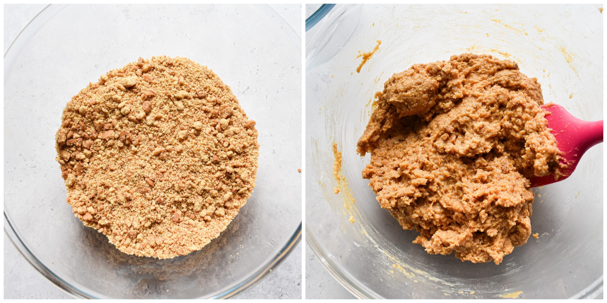 Side by side image of crushed digestives and peanut butter mixed with digestives.