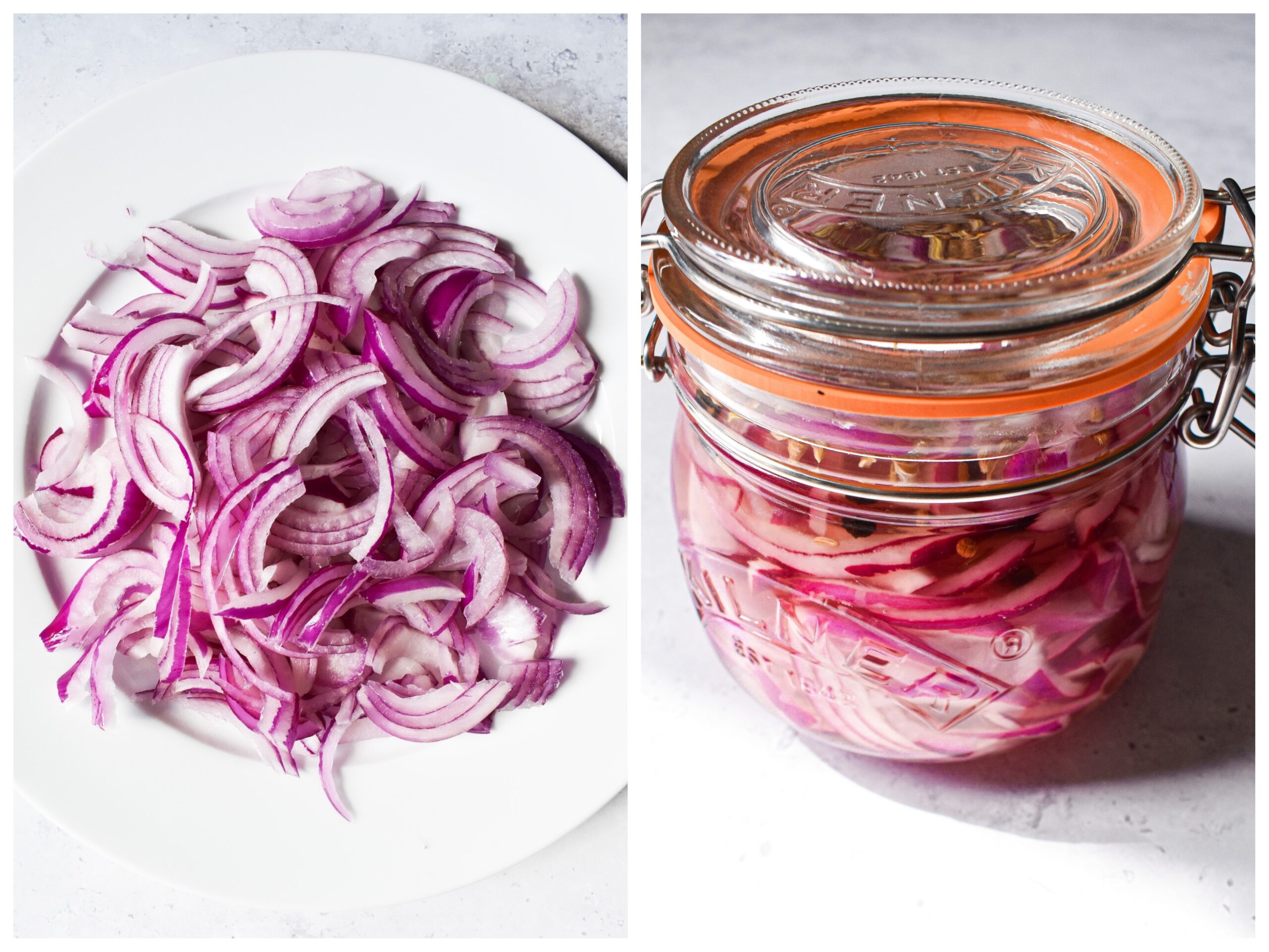 Side by side image - left image has a plate with sliced onions and the right image has onion in a jar with brine.