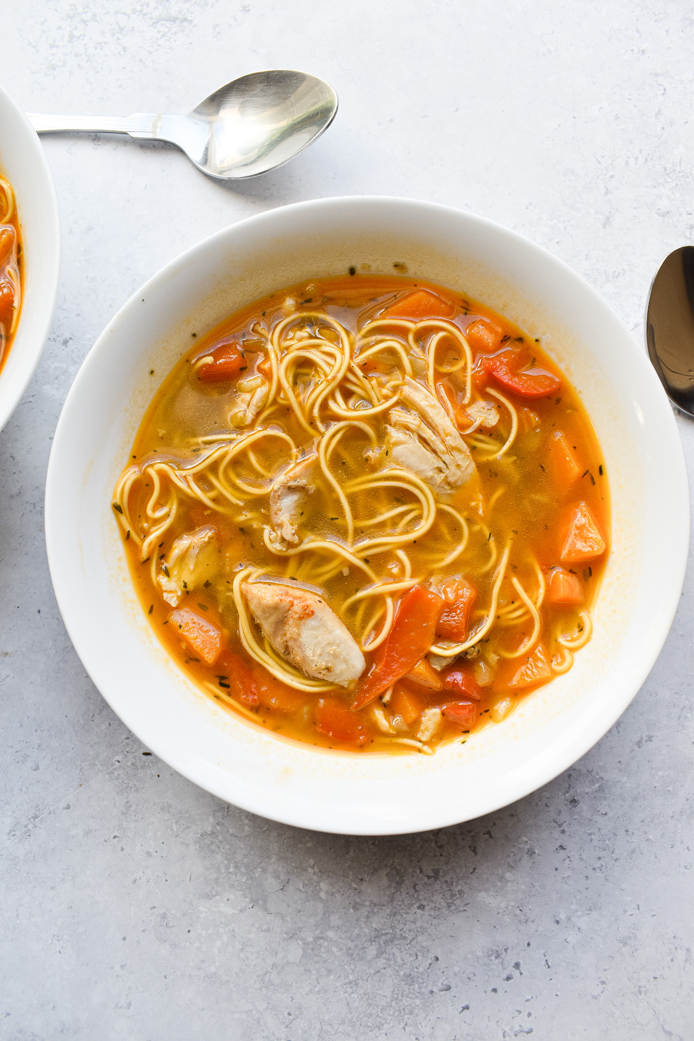 Chicken noodle soup in bowl.