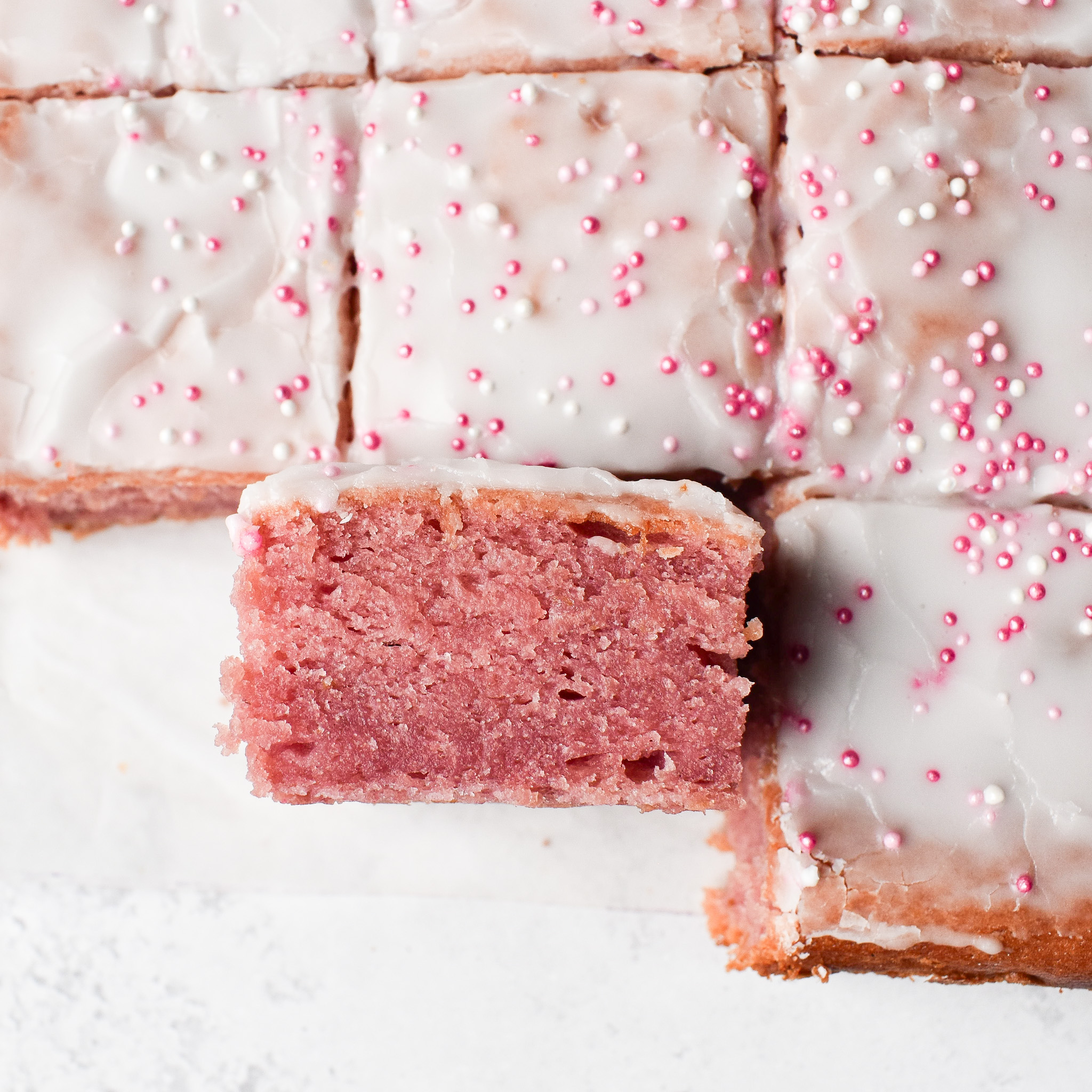 Cake squares from top view. With one bar turned to the side.