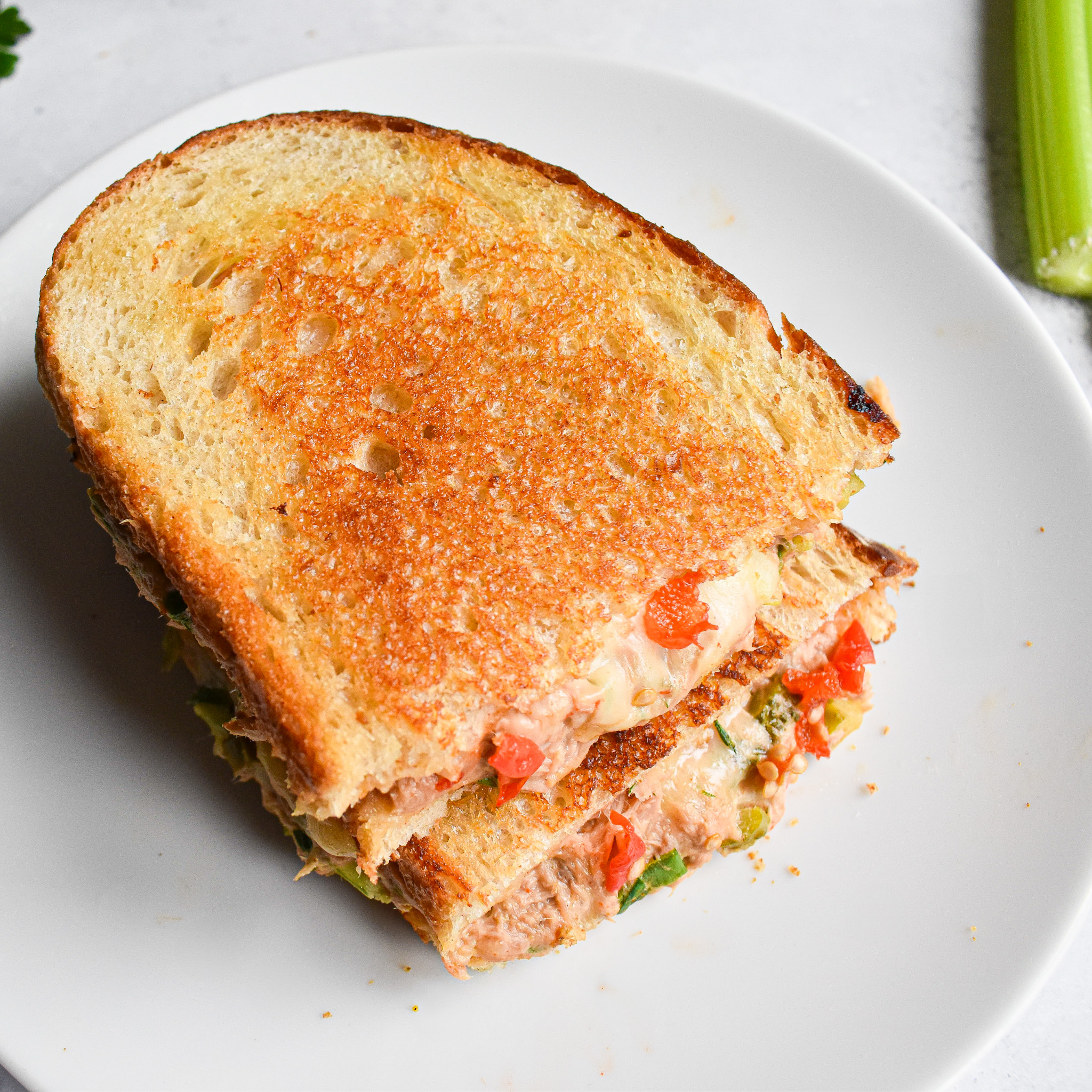 tuna melt on white plate