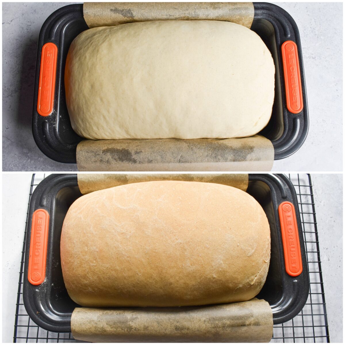 soft white fluffy bread before and after baking